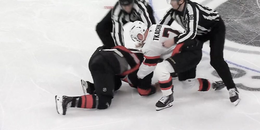 Image 1 for Tkachuk and Staal Drop Gloves 3 Seconds In, Game 1 Ends 0-0 in First Round